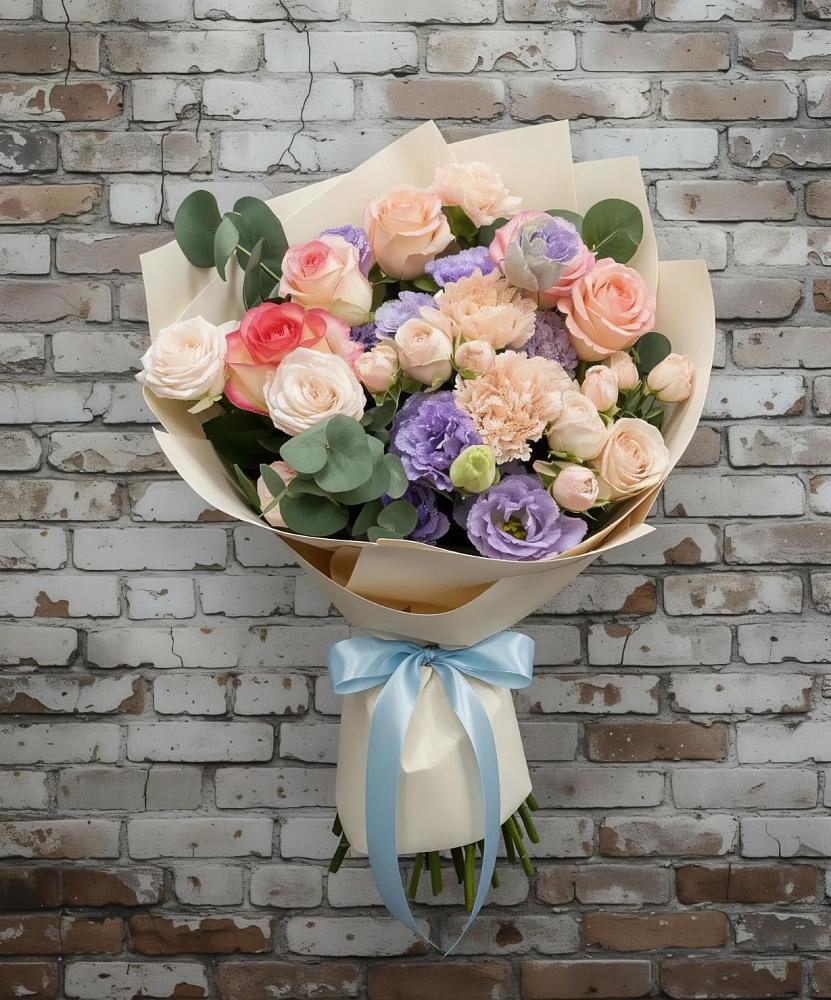 Букет цветов из: Розы, Лизиантусы и Гвоздики в Кирово-Чепецке